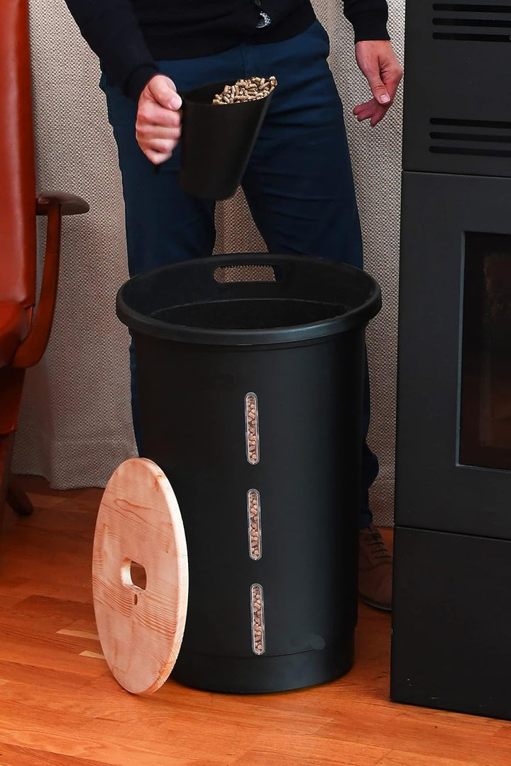 EDA - Jura Montania Pelletbox mit Rollen 38 l – für 25 kg Pellets – Schwarz, 010478 NO, Ø 39,7 x 60,