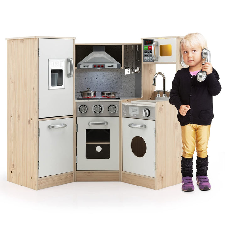 COSTWAY Kinderküche mit zubehör, Spielküche Holz mit Licht & Sound, Eckküche Kinder inkl. Spüle Ofen