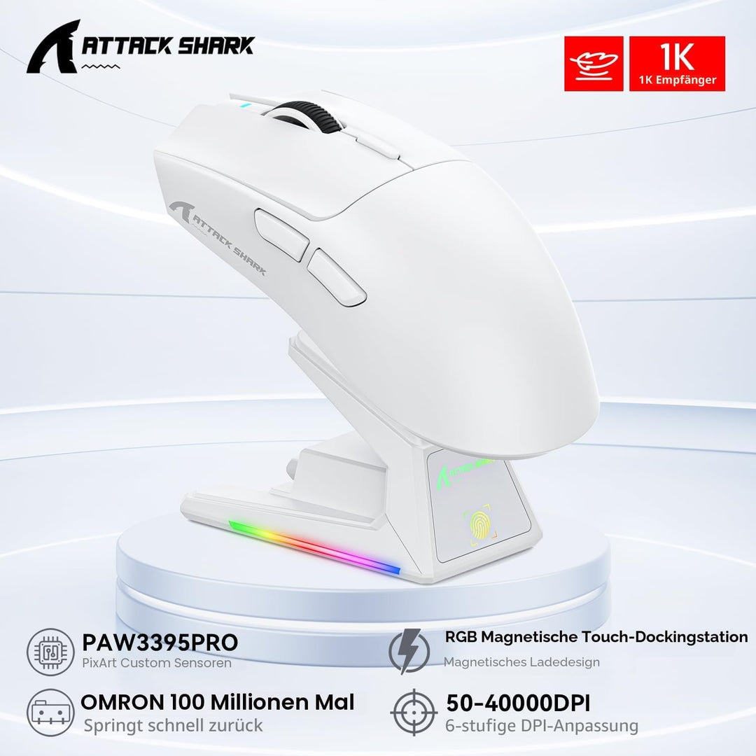ATTACK SHARK X1 Gaming Mouse with Touchpad RGB Charging Dock, PixArt PAW3395PRO Gaming Sensor, BT/2.