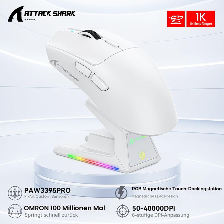 ATTACK SHARK X1 Gaming Mouse with Touchpad RGB Charging Dock, PixArt PAW3395PRO Gaming Sensor, BT/2.