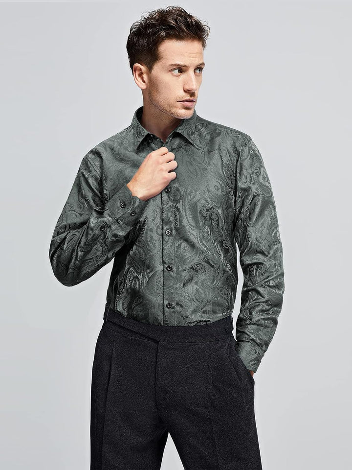 HISDERN Herren Paisley Hemd Langarm Satin Blumen Muster Hemd für Männer Jacquard Stickerei Freizeith