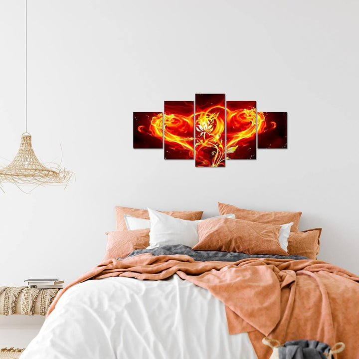 Runa Art Wandbilder Feuer Herz 5 Teilig Bild auf Vlies Leinwand Deko Wohnzimmer Feuerblume Flamme Ro