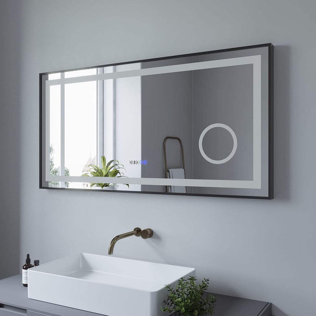 AQUABATOS® 120x60 cm LED Badspiegel mit Beleuchtung Badezimmerspiegel Digital Uhr Aluminiumrahmen Sc