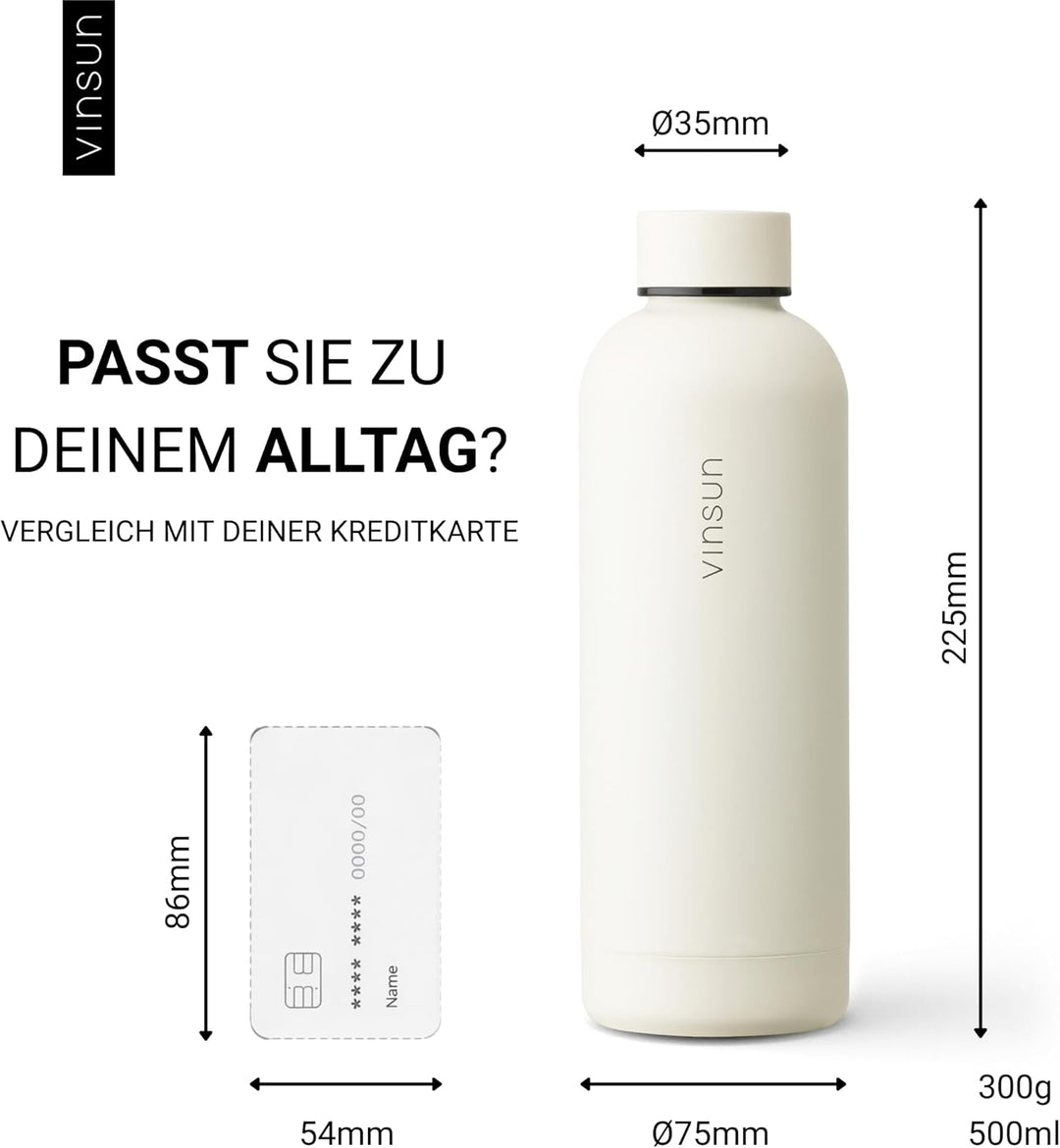 Vinsun Edelstahl Trinkflasche 500ml creme weiss - auslaufsicher, Kohlensäure geeignet, BPA frei - Th
