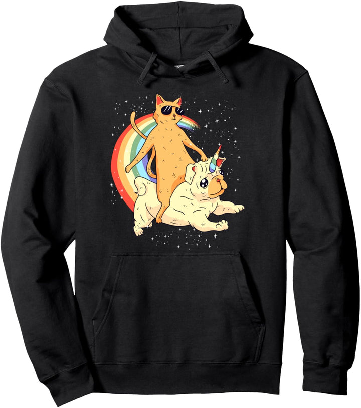 Funny Cat Riding Unicorn Dog Rainbow Gift Pullover Hoodie