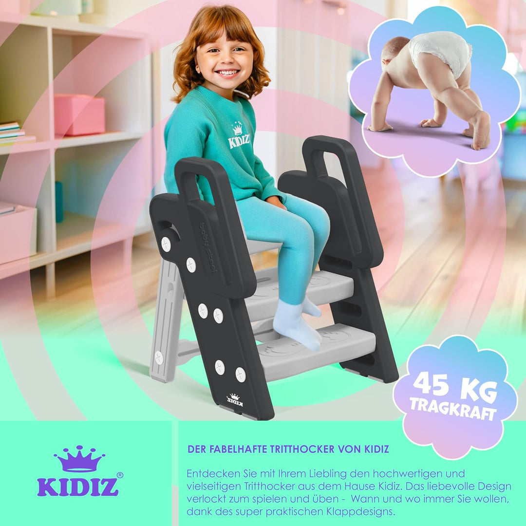 KIDIZ® Tritthocker für Kinder Trittleiter Klappbar mit 3 Stufen | Faltbarer Lern-Turm ab 18 Monaten