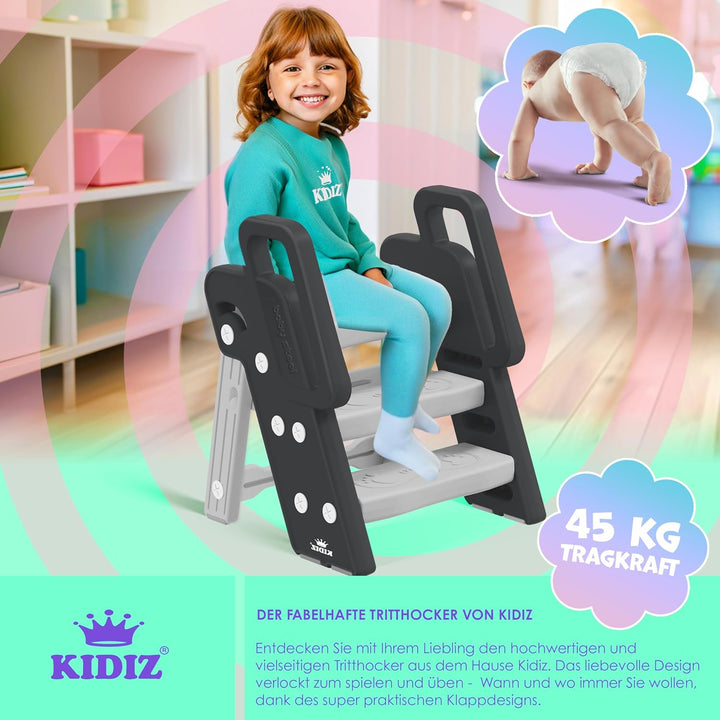 KIDIZ® Tritthocker für Kinder Trittleiter Klappbar mit 3 Stufen | Faltbarer Lern-Turm ab 18 Monaten