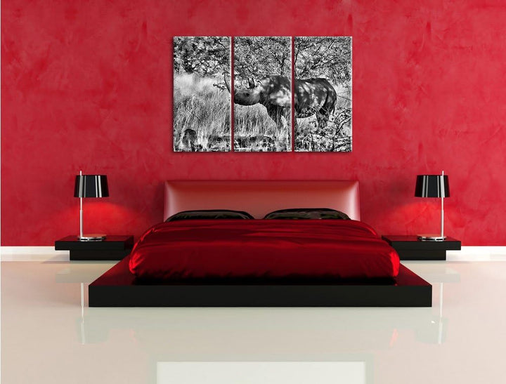 Pixxprint Nashorn in der Savanne als Leinwandbild/Grösse: 3 Teilig (120x80) cm/Wandbild/Kunstdruck/f