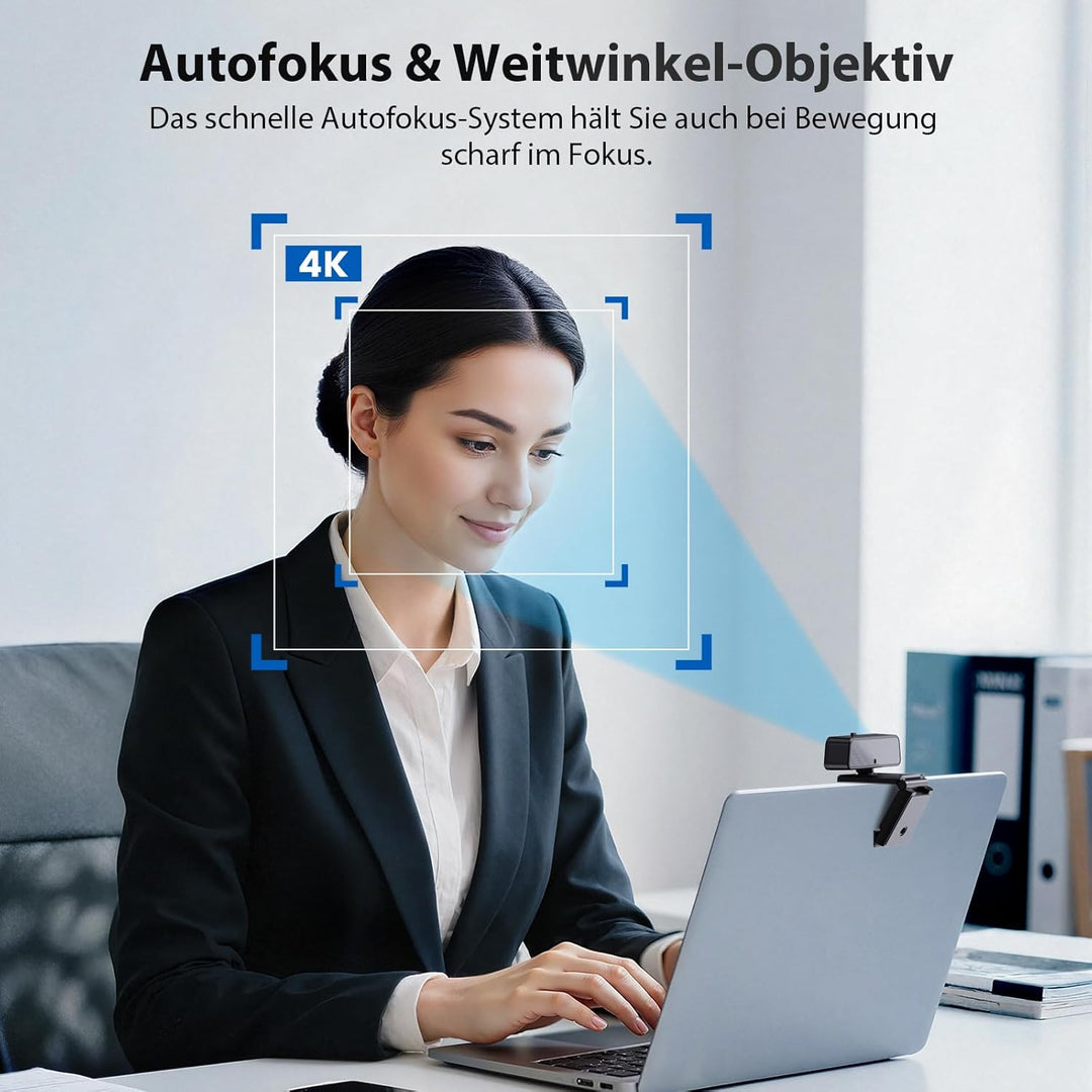 Webcam 4K - UHD PC Kamera mit USB A Klares Stereo-Audio, Automatische Lichtkorrektur Autofokus USB W