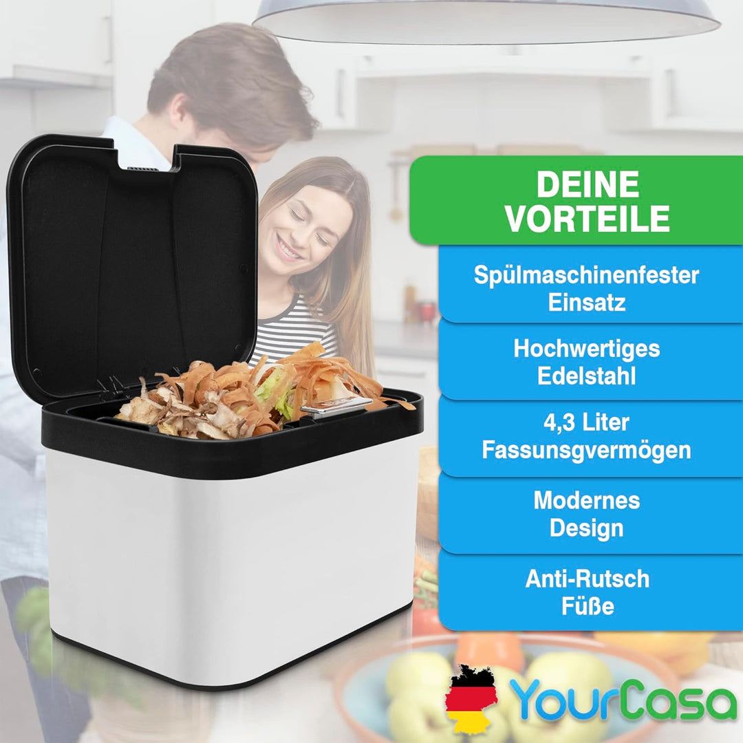 YourCasa® Komposteimer Küche aus Edelstahl - 4,3L - Biomülleimer Küche klein für alltäglichen Biomül
