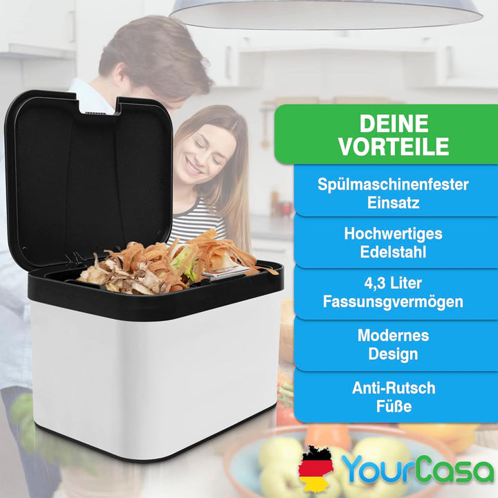 YourCasa® Komposteimer Küche aus Edelstahl - 4,3L - Biomülleimer Küche klein für alltäglichen Biomül