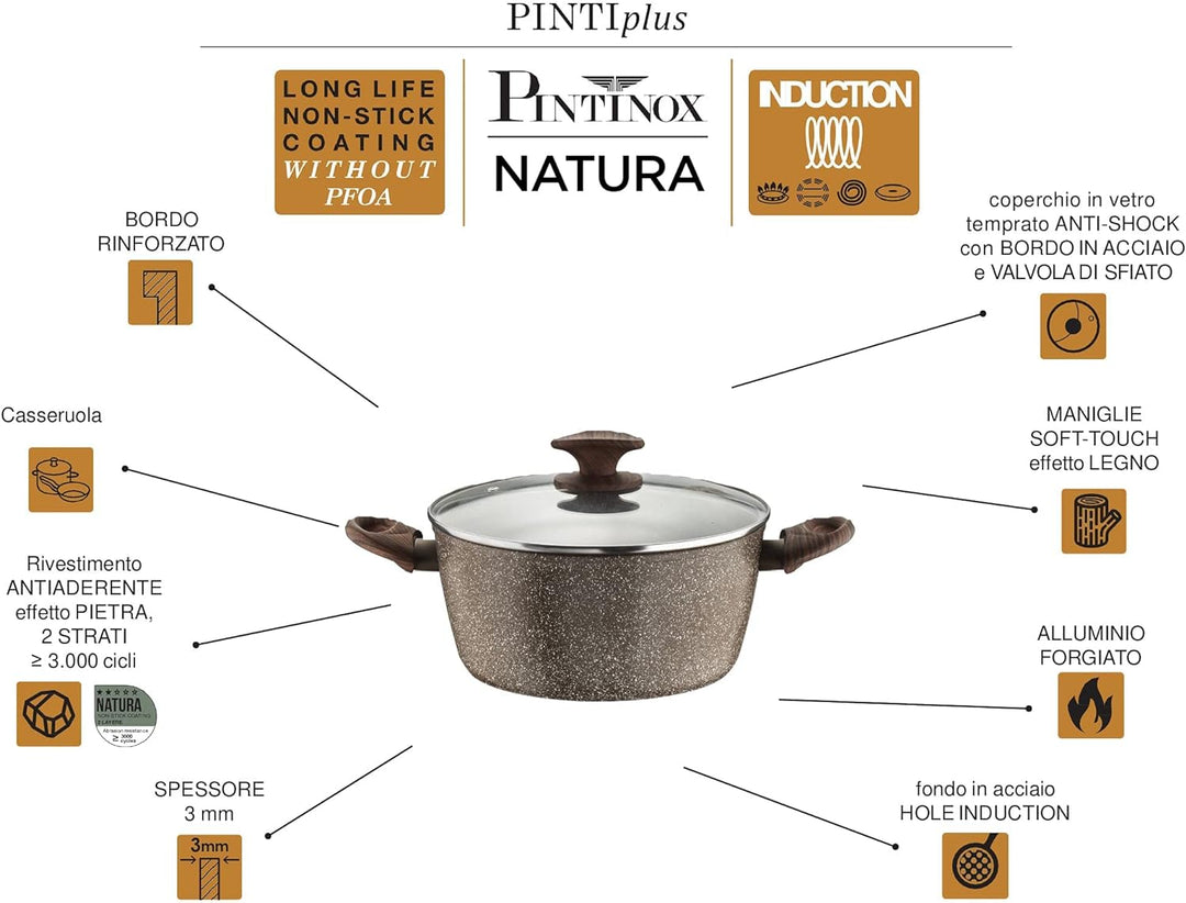 Pintinox Kasserolle aus Aluminium, Serie Natura, antihaftbeschichtet, Steinoptik, Griff in Holzoptik