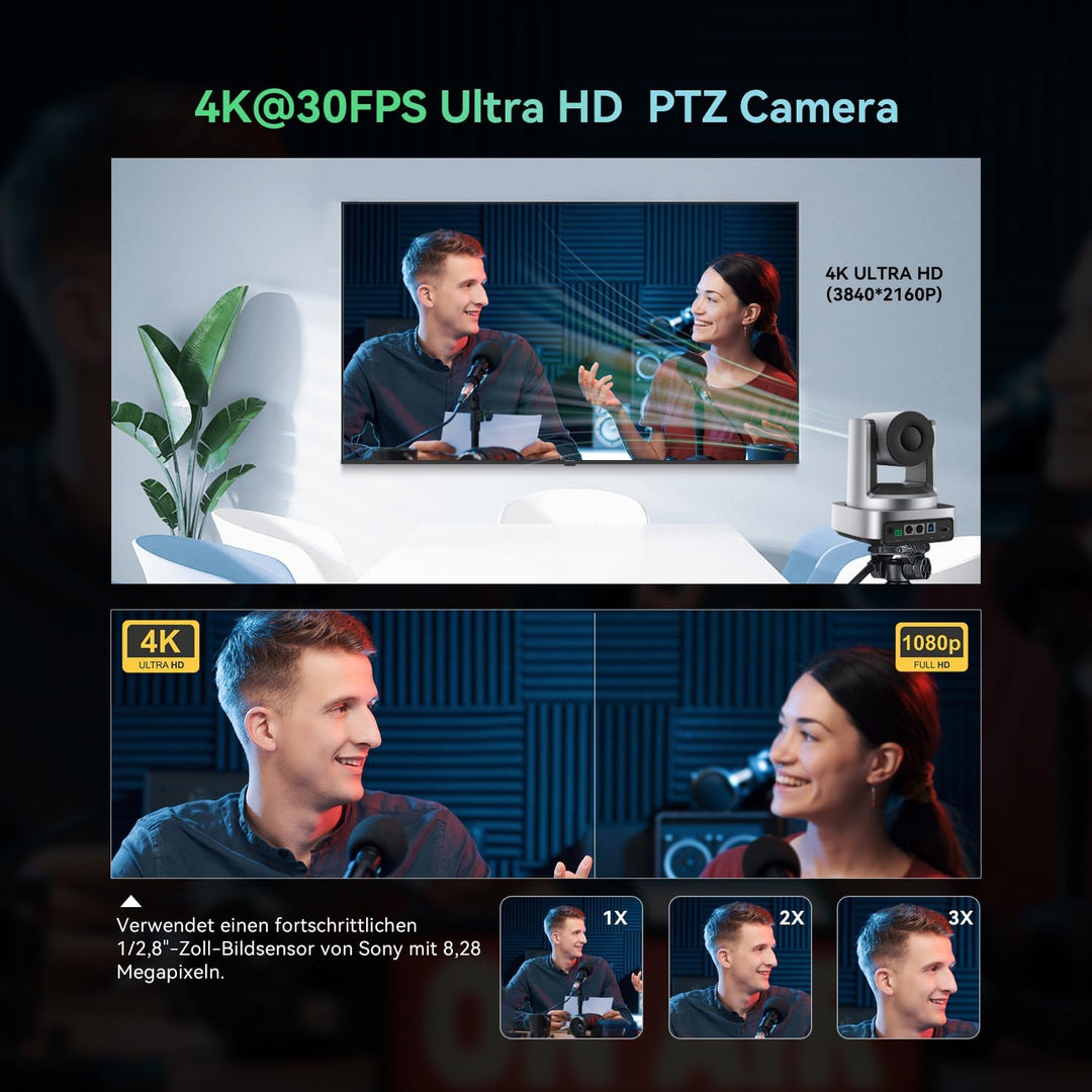 4K-Konferenzraum-Kamerasystem, KI-Autotracking 4K-PTZ-Kamera mit 3-fachem optischem Zoom, 92°-Weitwi
