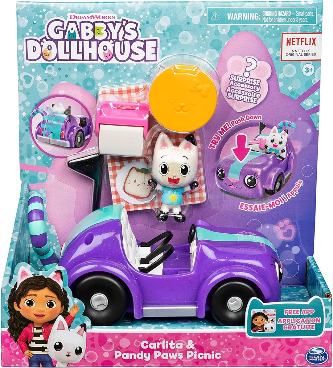 Gabby’s Dollhouse, Carlita-Spielzeugauto mit Pandy Paws-Sammelfigur, 2 Zubehörteilen und 1 Überrasch
