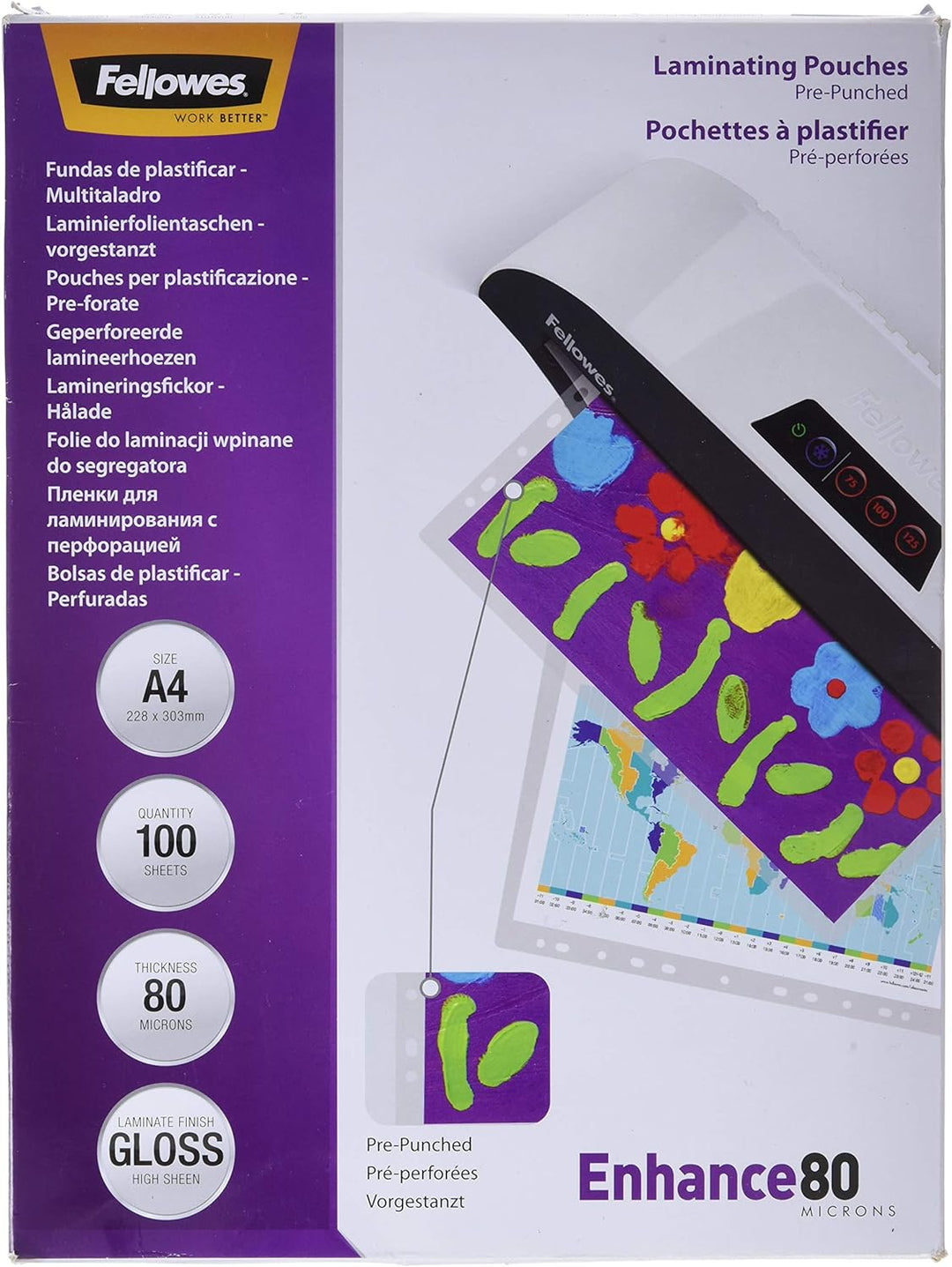 Fellowes Laminierfolien A4, 80 Mikron (2 x 80 mic), mit Lochung zum Einheften, glänzend, 100 Stück