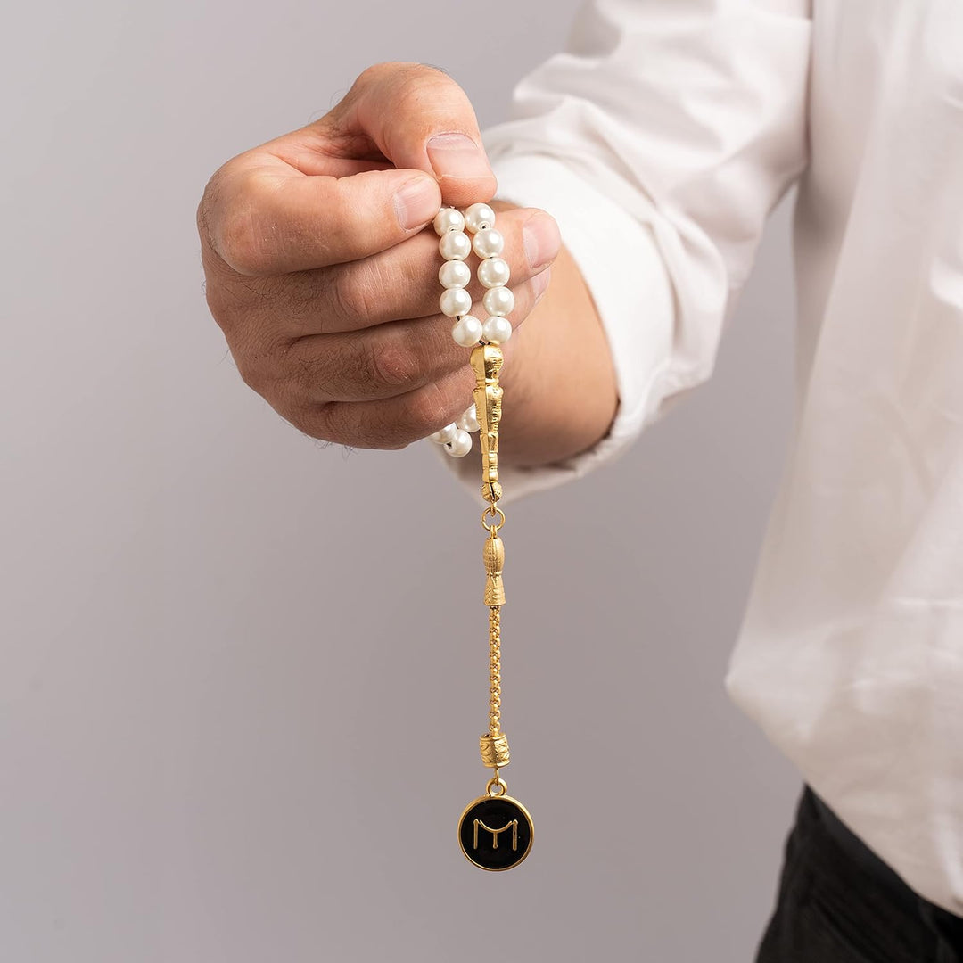 Gök-Türk Elegante Gebetskette/Tesbih mit Schatulle/Tesbih Box - mit goldfarbenem Anhänger 'IYI' Kayi