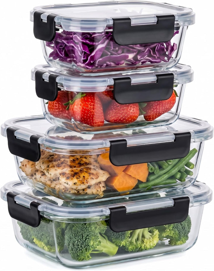 Hotec Glas-Frischhaltedosen Set, (4er-Pack), Auslaufsicher, BPA-frei, Mikrowellen-, Ofen-, Gefrier-