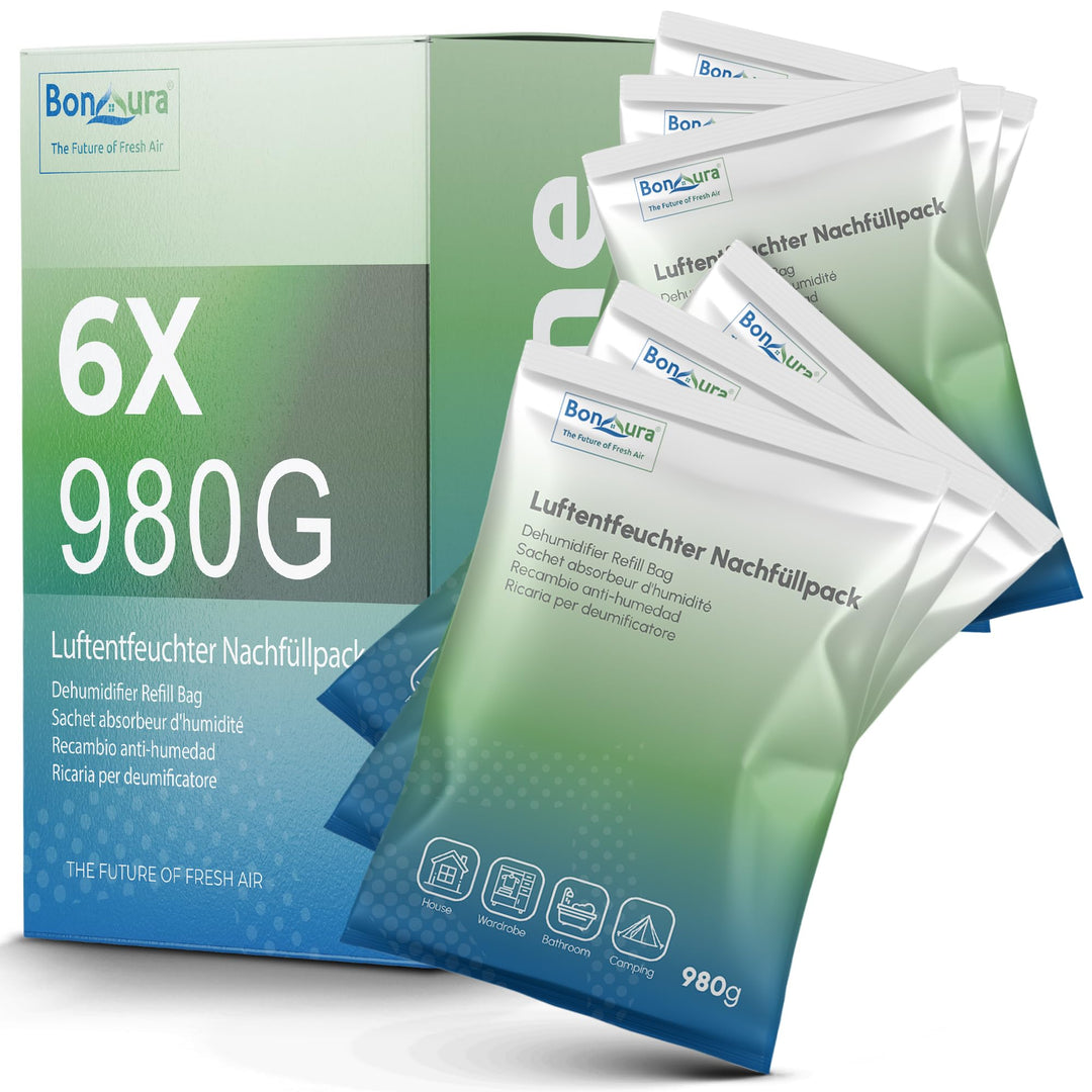 BonAura® AirOne Max Luftentfeuchter Nachfüllpack I 6er Set 980g Luftentfeuchter Granulat I Entfeucht