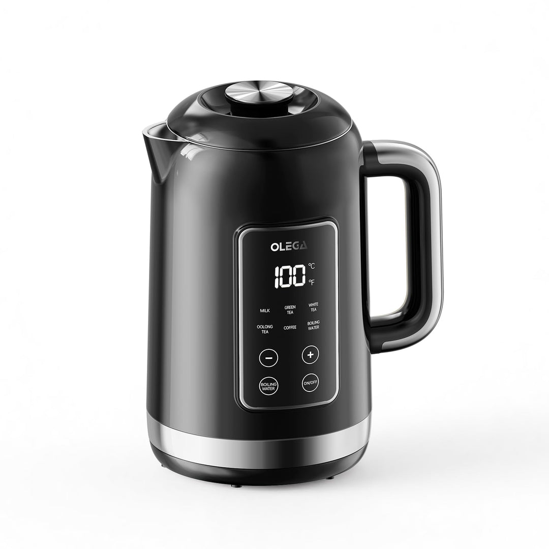 OLEGA Wasserkocher: 1800 W Wasserkocher mit Temperaturregelung, 1,5 l Fassungsvermögen, Edelstahl, S