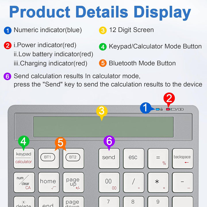 Wiederaufladbares 2-in-1 Ziffernfeld mit Bluetooth & USB, 34 Tasten mit Rechner-Display, schlank & p