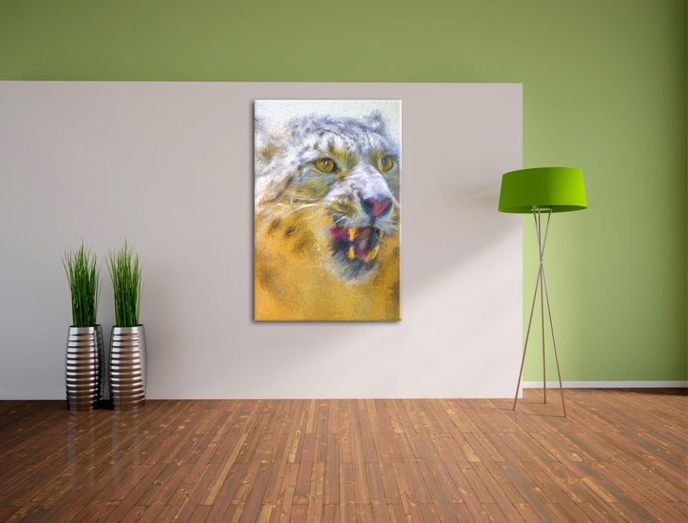 Schneeleopard zeigt Zähne Deluxe Format: 100x70 cm auf Leinwand, XXL riesige Bilder fertig gerahmt m