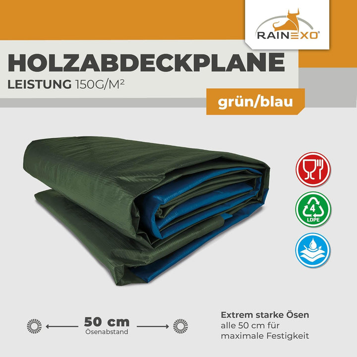 Rainexo Abdeckplane 1,5x12m; Stärke: 150g/m² (Power Forst Holzabdeckplane) RX150-1,5X12-GB Single, R