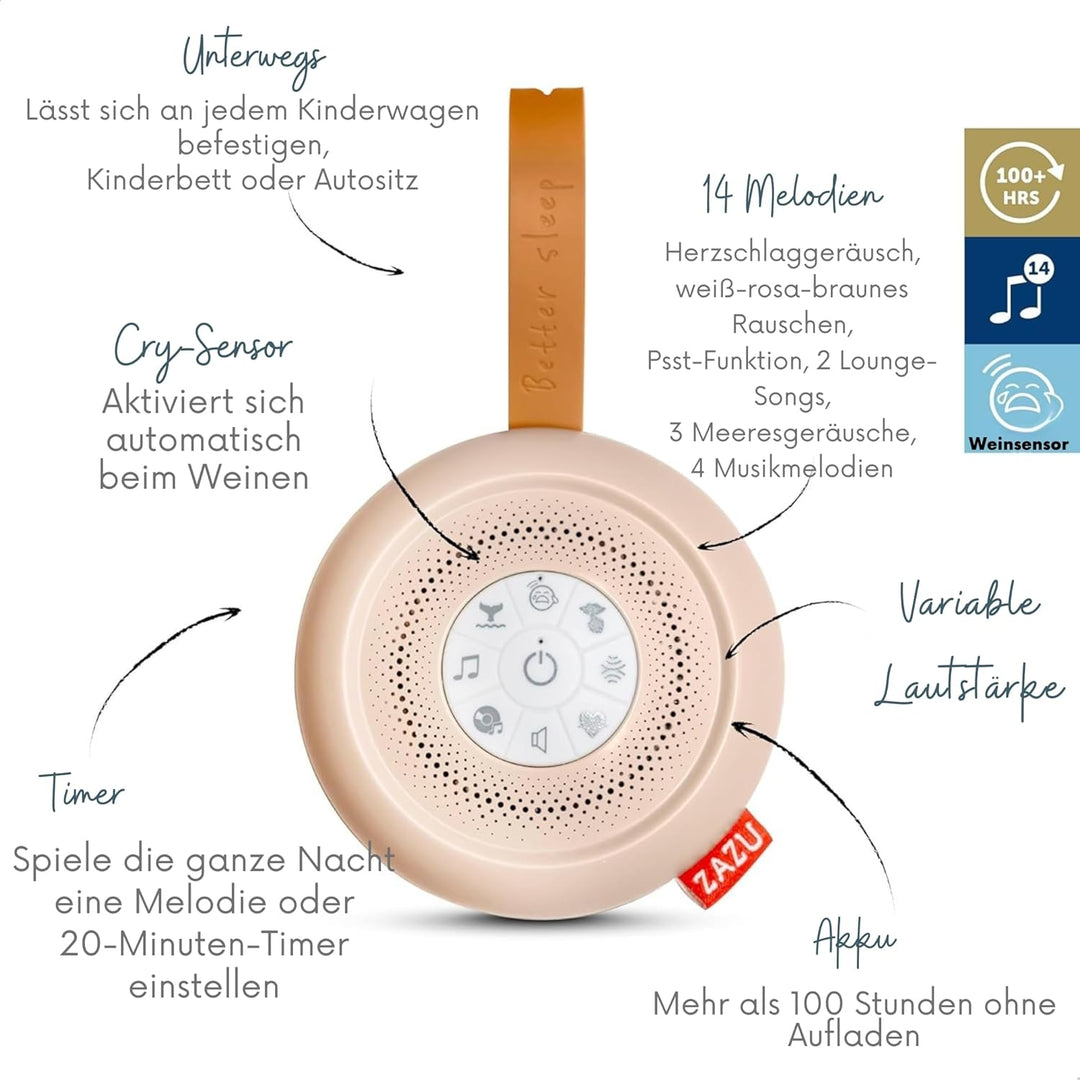 ZAZU Suzy Deluxe Einschlafhilfe für Babys – Geräuschmaschine mit 14 Sounds, Schreisensor, 20-Min-Tim