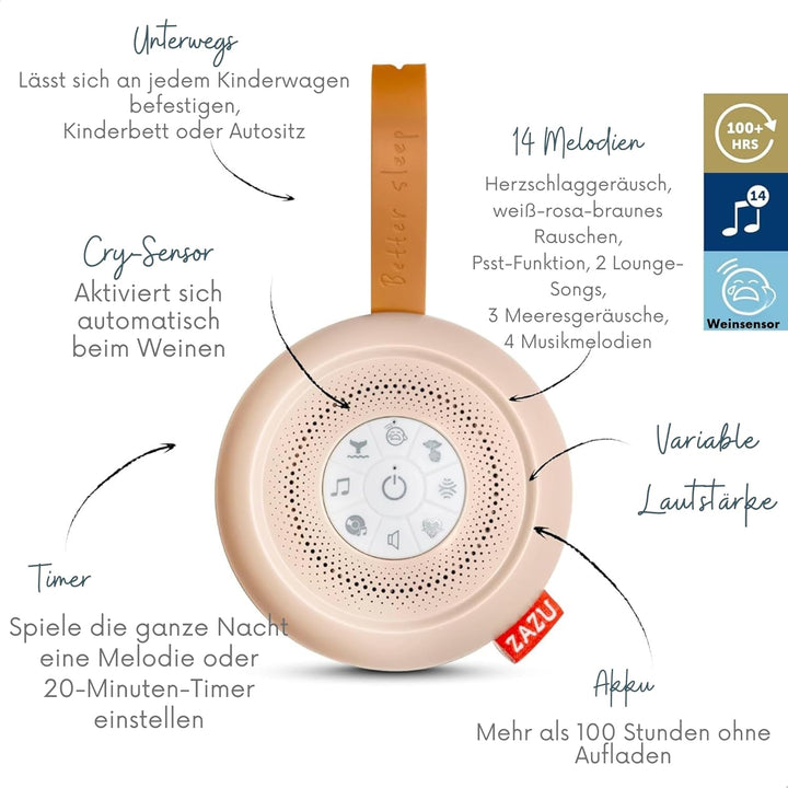 ZAZU Suzy Deluxe Einschlafhilfe für Babys – Geräuschmaschine mit 14 Sounds, Schreisensor, 20-Min-Tim