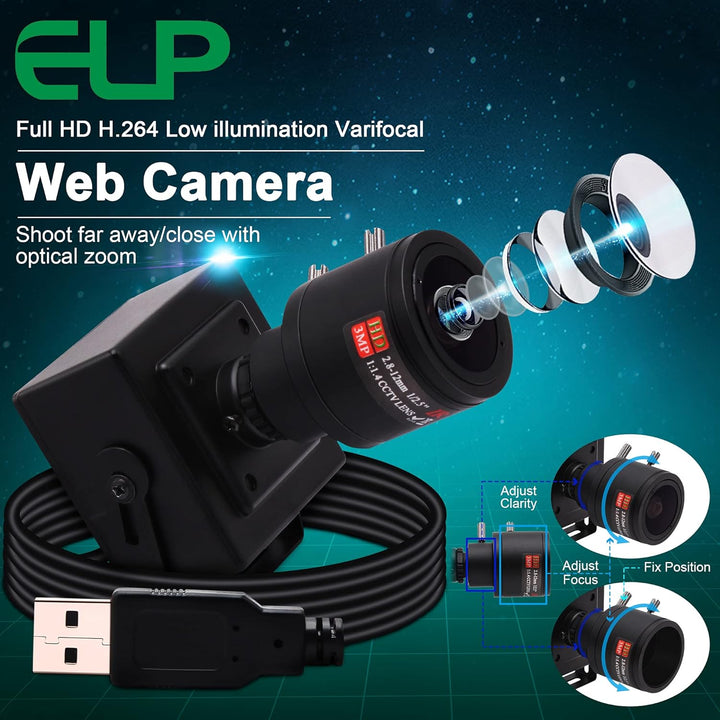 ELP Varifokus Objektiv Web Kamera 1080P USB Computer Business Webcam,2.8-12mm Zoom Objektiv,Weitwink