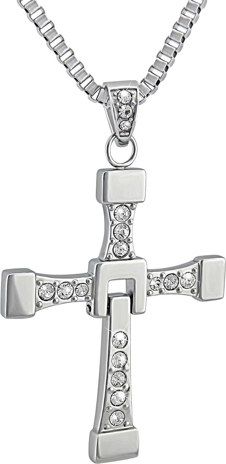 Hanessa 100% Reines Edelstahl Herren-Schmuck Halskette Kreuz Massiv in Silber Fast and Furious Vin D