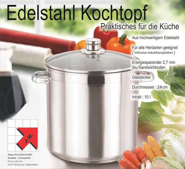9,5 Liter grosser Induktions-Kochtopf mit Dampfabzugs-Glasdeckel / Grossraumtopf aus Edelstahl (indu