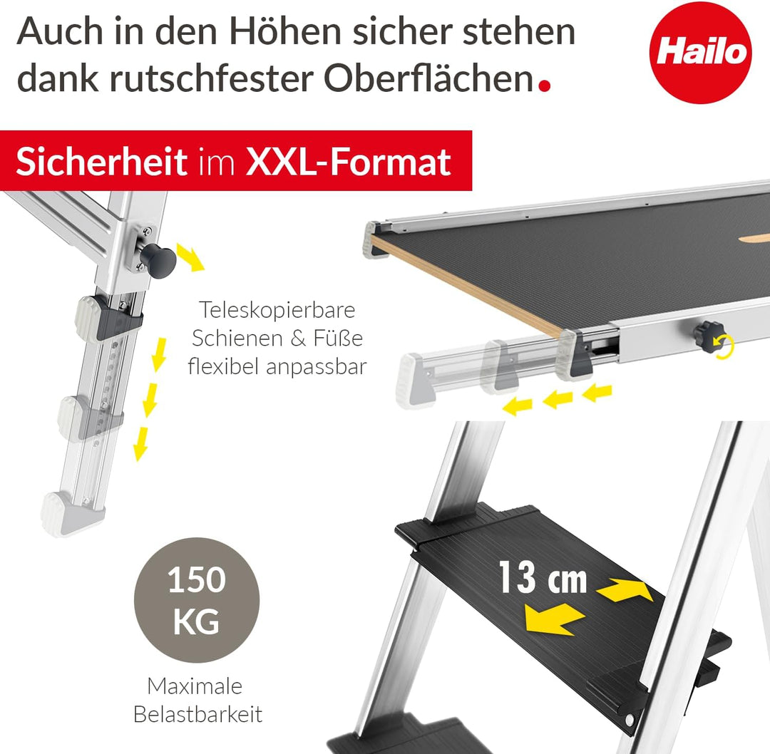 Hailo Stehleiter L100 Topline im Set mit TP1 Treppenpodest - klappbare Aluleiter mit 4 XXL-Sicherhei