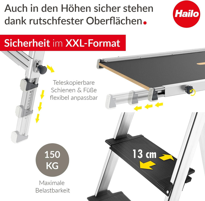 Hailo Stehleiter L100 Topline im Set mit TP1 Treppenpodest - klappbare Aluleiter mit 4 XXL-Sicherhei