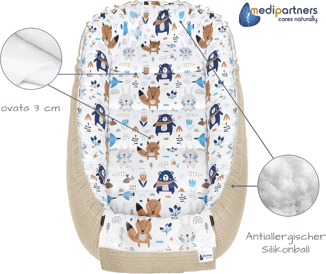 Medi Partners Babynest Kuschelnest Babynestchen 100% Baumwolle Waffle Nestchen Reisebett für Babys S
