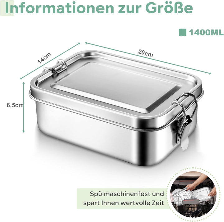 Joyfair Brotdose mit Fächern, 1400ml Edelstahl Bento Box mit 2 Abnehmbar Fächern für Erwachsene & Ki
