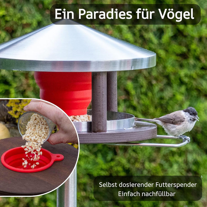 Vogelhaus mit Ständer wetterfest aus Edelstahl - Stabiles Vogelfutterhaus für draussen, modern aus M