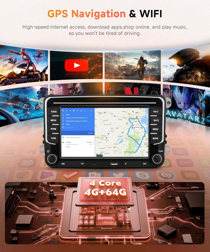 Rimoody 4G+64G Android Autoradio für VW Golf 5 6 Passat Polo Tiguan Touran Caddy Skoda SEAT mit Wire
