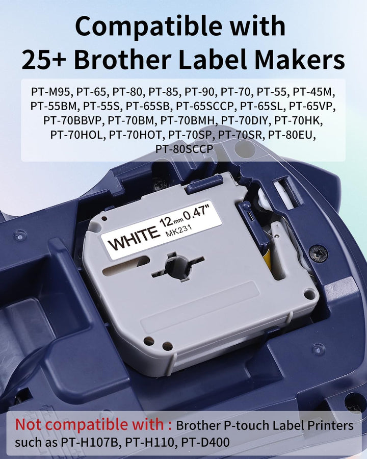 Aken 5 x Kompatibel M-K231 12mm 0.47 Schriftband für Brother P-touch MK-231 M-K231S Schwarz auf Weis