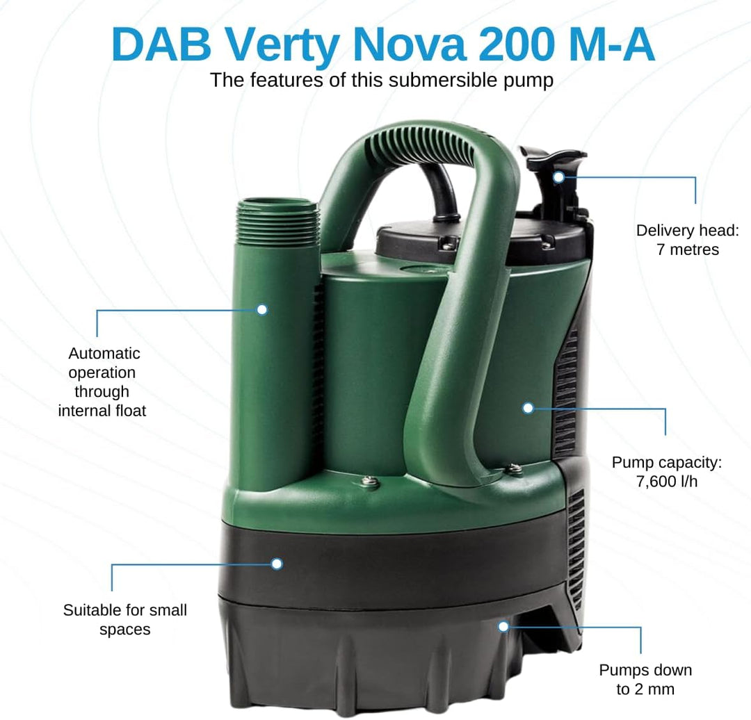DAB VERTY NOVA 200 M-A Flachsauger-Tauchpumpe - 7.600 L/Std. - 300W - Förderhöhe 7 m - Korngrösse 5