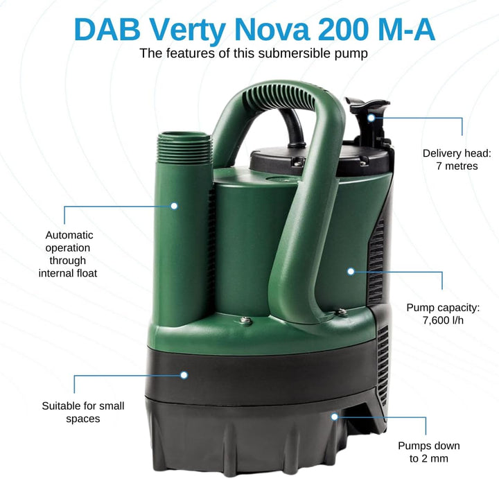 DAB VERTY NOVA 200 M-A Flachsauger-Tauchpumpe - 7.600 L/Std. - 300W - Förderhöhe 7 m - Korngrösse 5