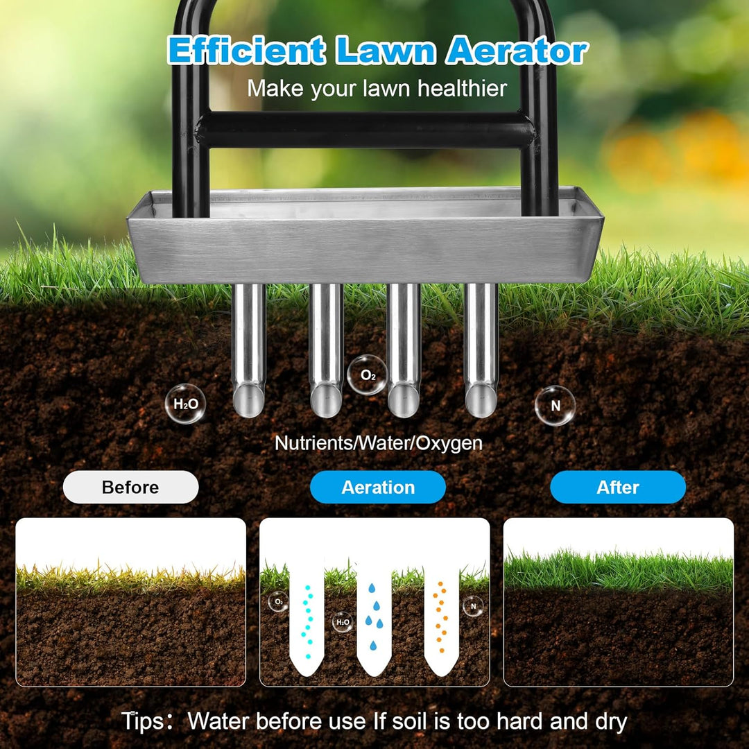 Rasenbelüfter mit 4 Edelstahl-Kern & Ablageschale, Manueller Rasenlüfter mit T-Griff, Aerifizierer f