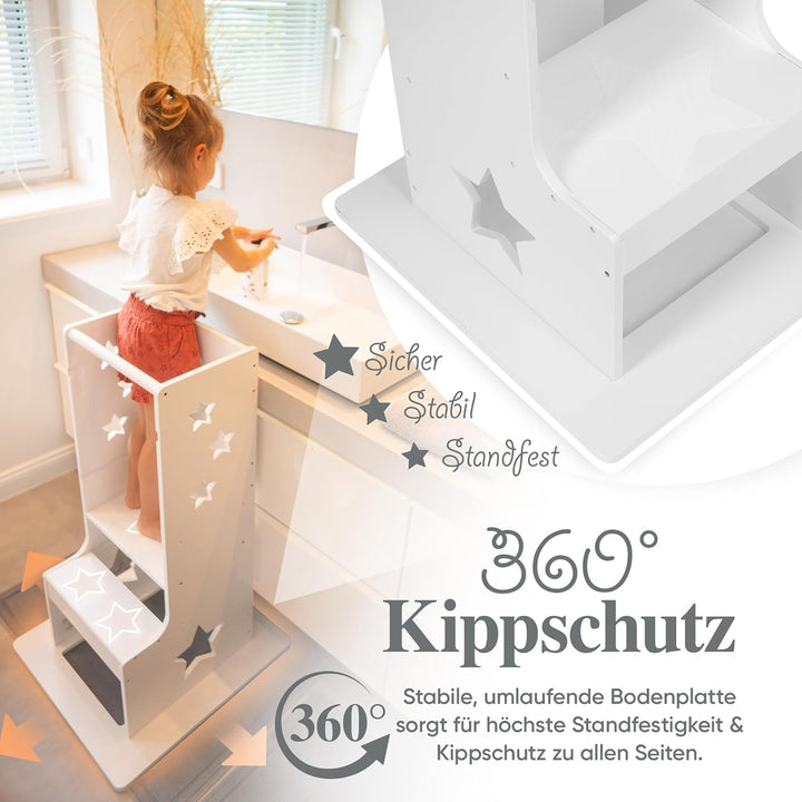 Kids Woody Star® Lernturm ab 1 Jahr [360° KIPPSCHUTZ] Höhenverstellbar Learning Tower Lernturm Monte