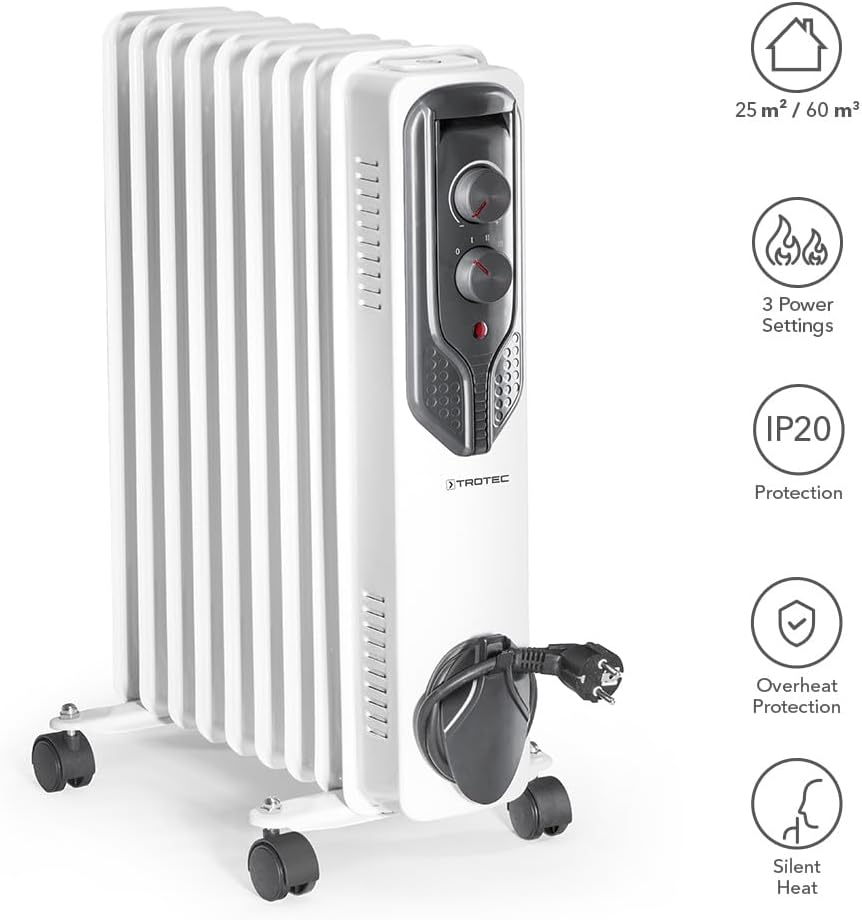 TROTEC Radiator Heizung TRH 20 E – Heizleistung 800 W / 1200 W / 2000 W – Elektro Heizkörper, 9 Ripp