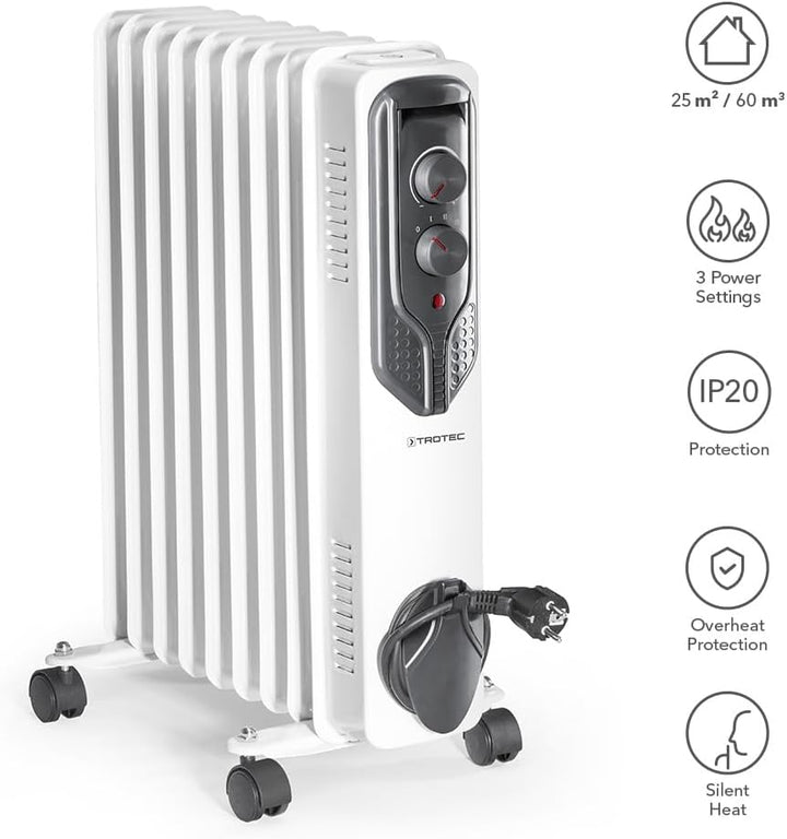 TROTEC Radiator Heizung TRH 20 E – Heizleistung 800 W / 1200 W / 2000 W – Elektro Heizkörper, 9 Ripp