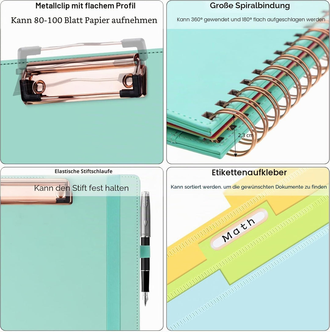 HAUTOCO PU-Leder Klemmbrett Folio mit Zip Beutel, Klemmbrettmappe A4 mit nachfüllbarem Notizblock, K