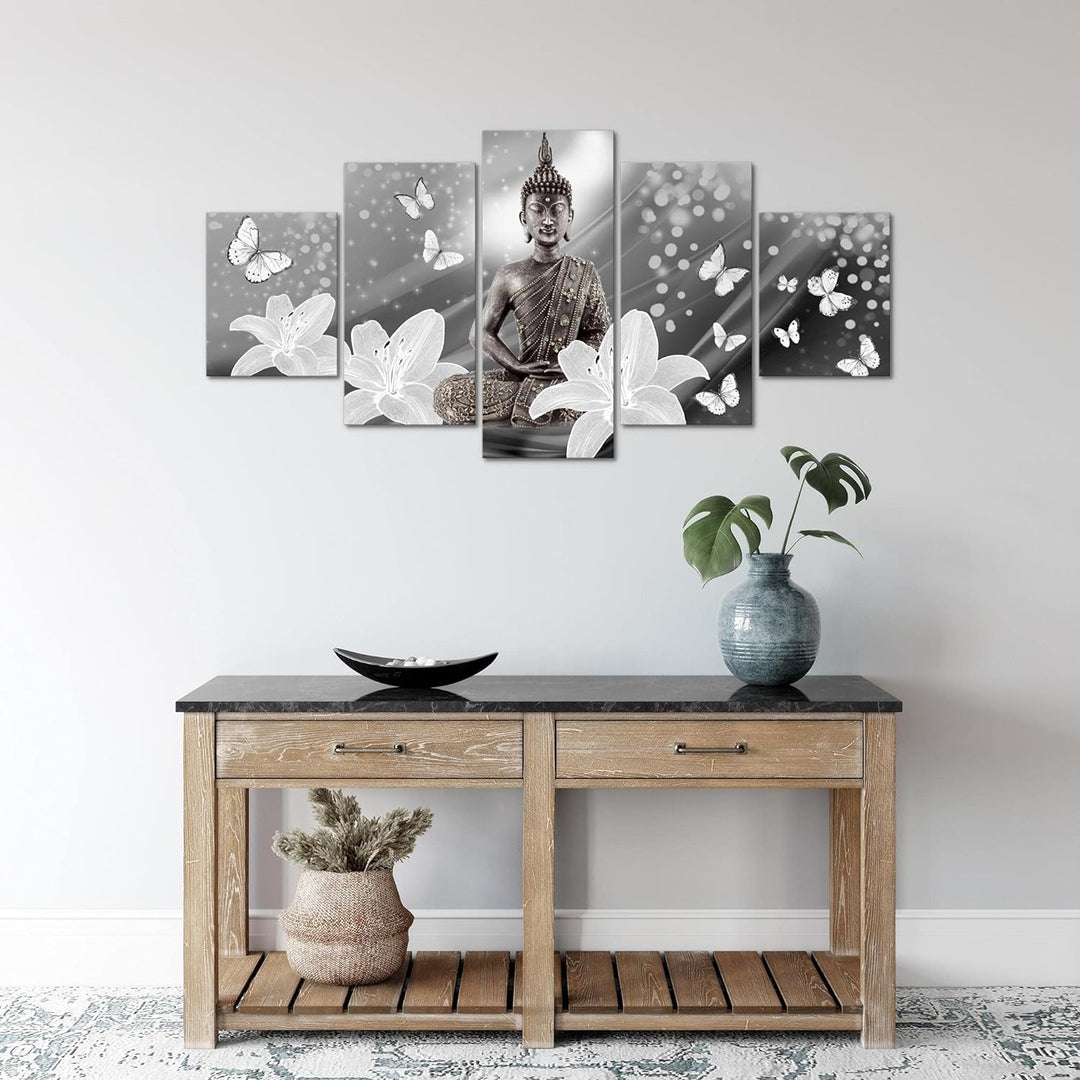 Runa Art Wandbilder Buddha Blumen 5 Teilig Bild auf Vlies Leinwand Deko Wohnzimmer Schmetterling Sch