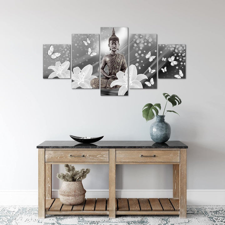 Runa Art Wandbilder Buddha Blumen 5 Teilig Bild auf Vlies Leinwand Deko Wohnzimmer Schmetterling Sch