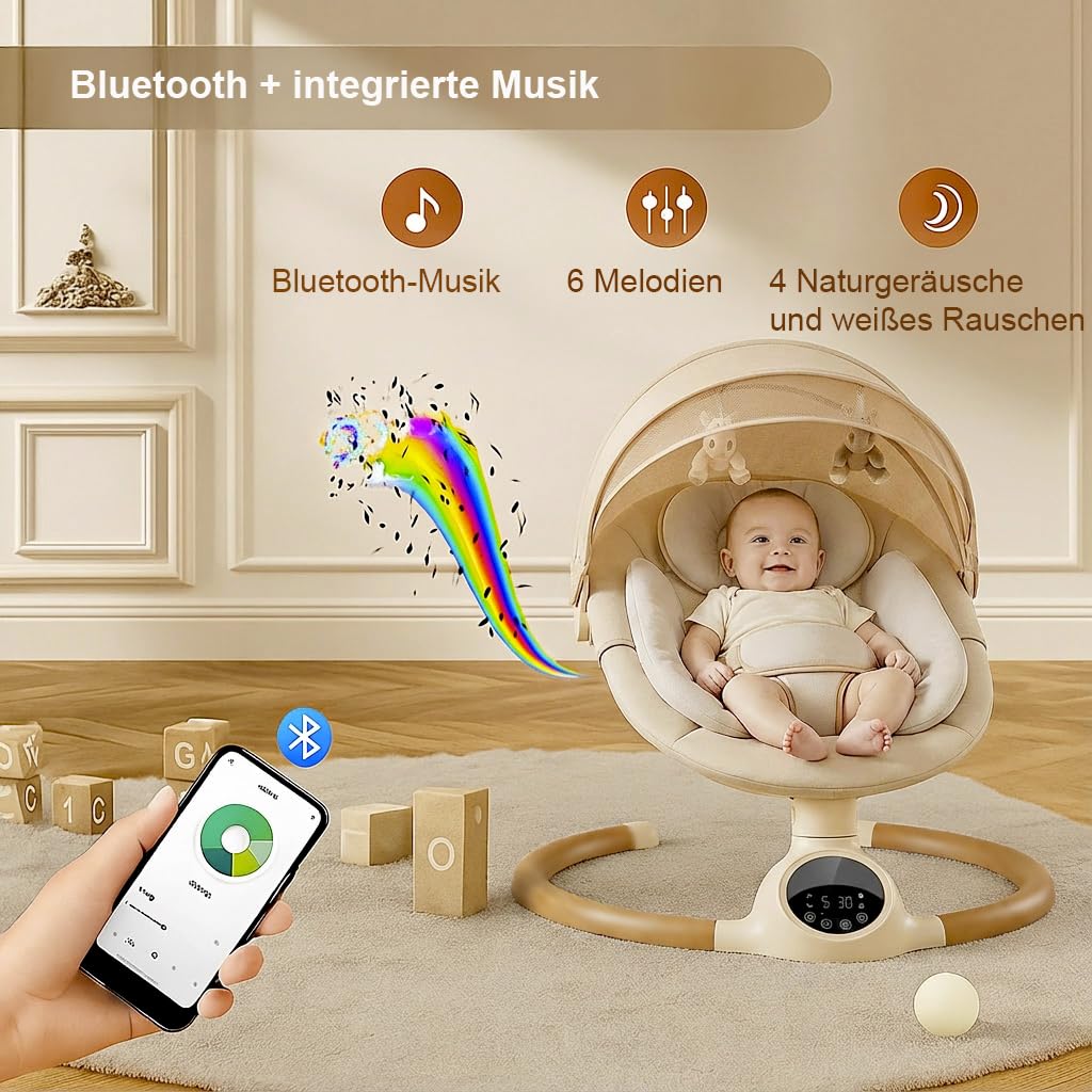 BEBE2LUXE Alpha Babywippe, Elektrische Babyschaukel mit Musik, Nutzbar ab der Geburt bis ca. 6 Monat