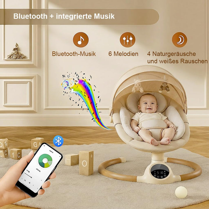 BEBE2LUXE Alpha Babywippe, Elektrische Babyschaukel mit Musik, Nutzbar ab der Geburt bis ca. 6 Monat