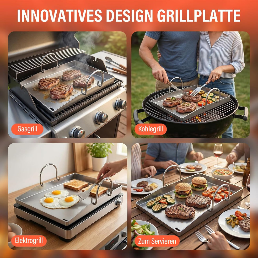 Premium Plancha Grillplatte 40×30 cm – 4 mm Edelstahl, inkl. 3 Grillwerkzeuge &amp; 30 Fettabsorptionspa